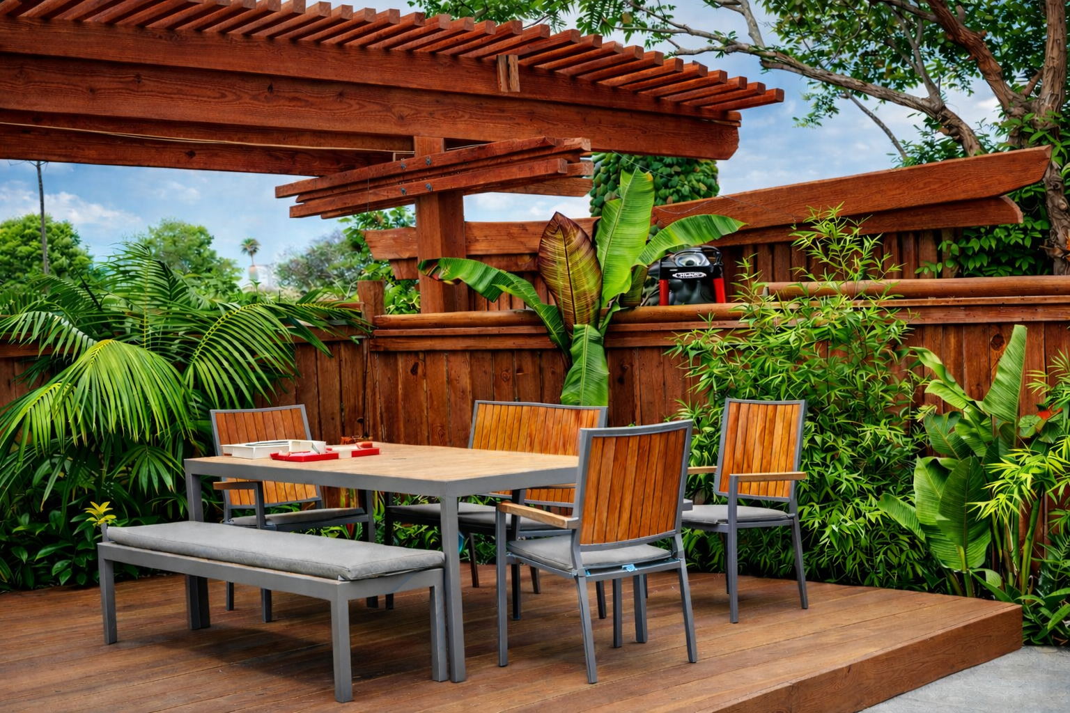 Outdoor patio with wooden furniture, including a dining table with chairs and a bench, surrounded by lush green tropical plants and a wooden fence. There is a partially constructed wooden pergola overhead and a black outdoor speaker on the fence. The