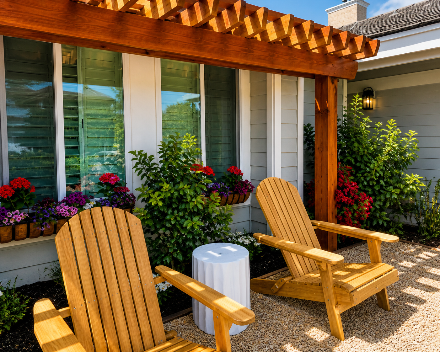 A cozy outdoor patio space with wooden Adirondack chairs, a small white table, and vibrant flower pots with red, pink, and purple flowers, shaded by a wooden pergola attached to a house with gray siding and a window with green shutters. Encinitas CA