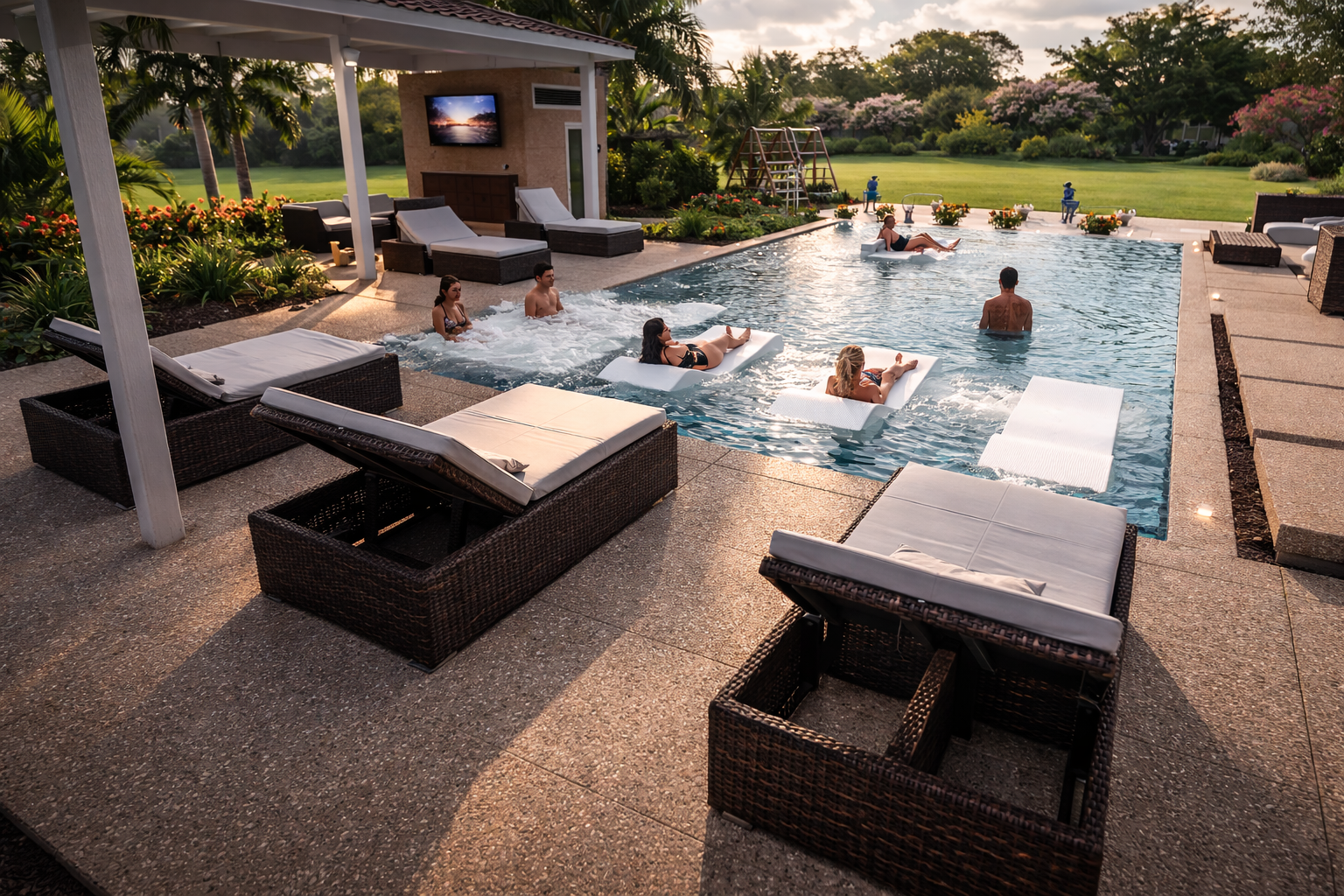 People relaxing in an outdoor swimming pool, with some sitting on floating loungers and others standing or swimming. The pool area is surrounded by lounge chairs, plants, and a lawn with trees and flowers in the background.