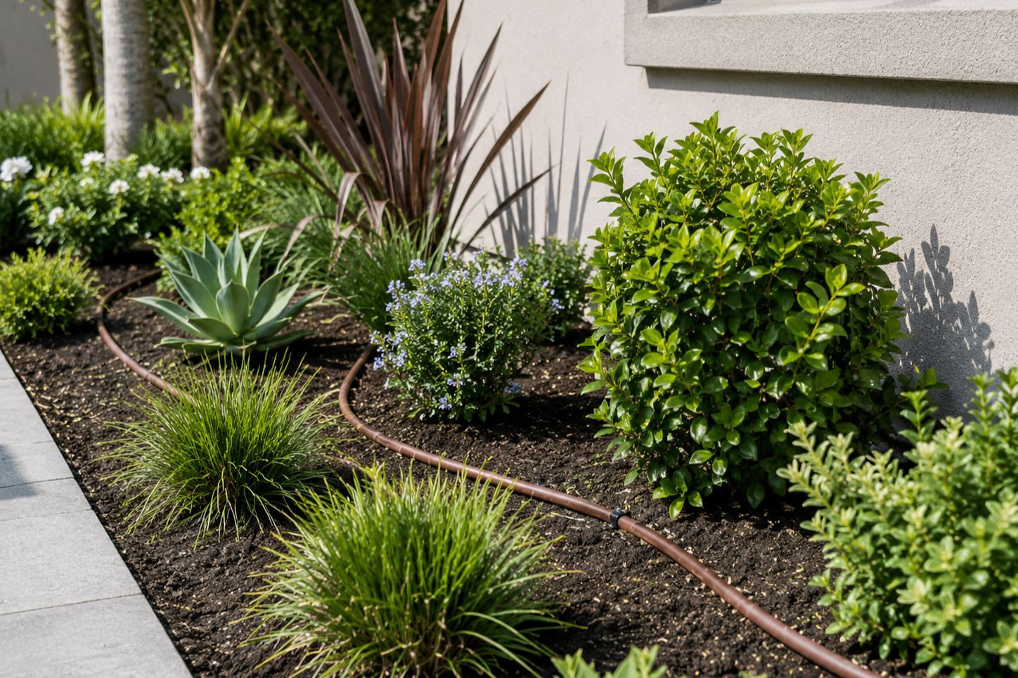 A landscaped garden bed next to a house with various green plants, including a large rounded shrub, succulents, and ornamental grasses, with a brown drip irrigation line running through the soil.