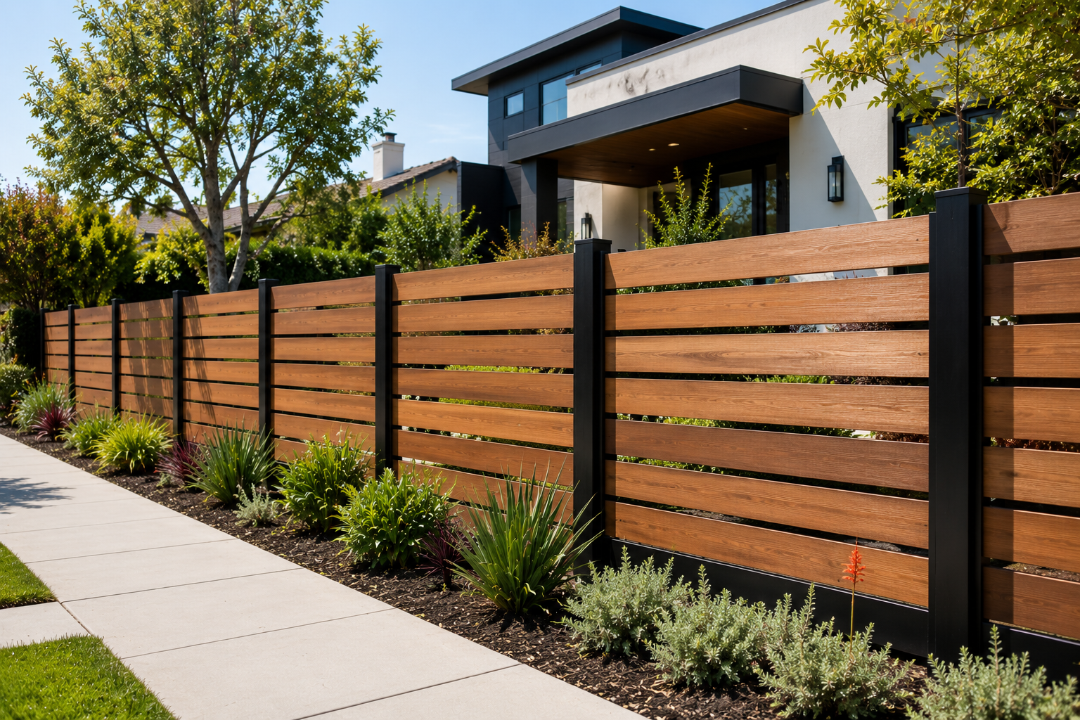 Wood and black metal fence along a sidewalk with plants and shrubs in front of a modern house.