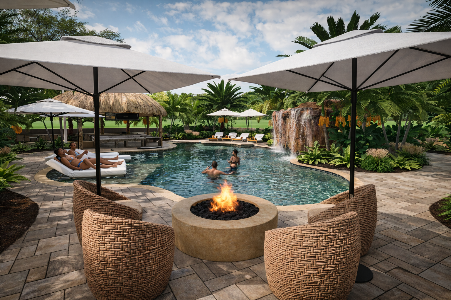 3D Design, People relaxing by a pool with umbrellas, a fire pit, lush greenery, and a waterfall feature in a tropical setting.