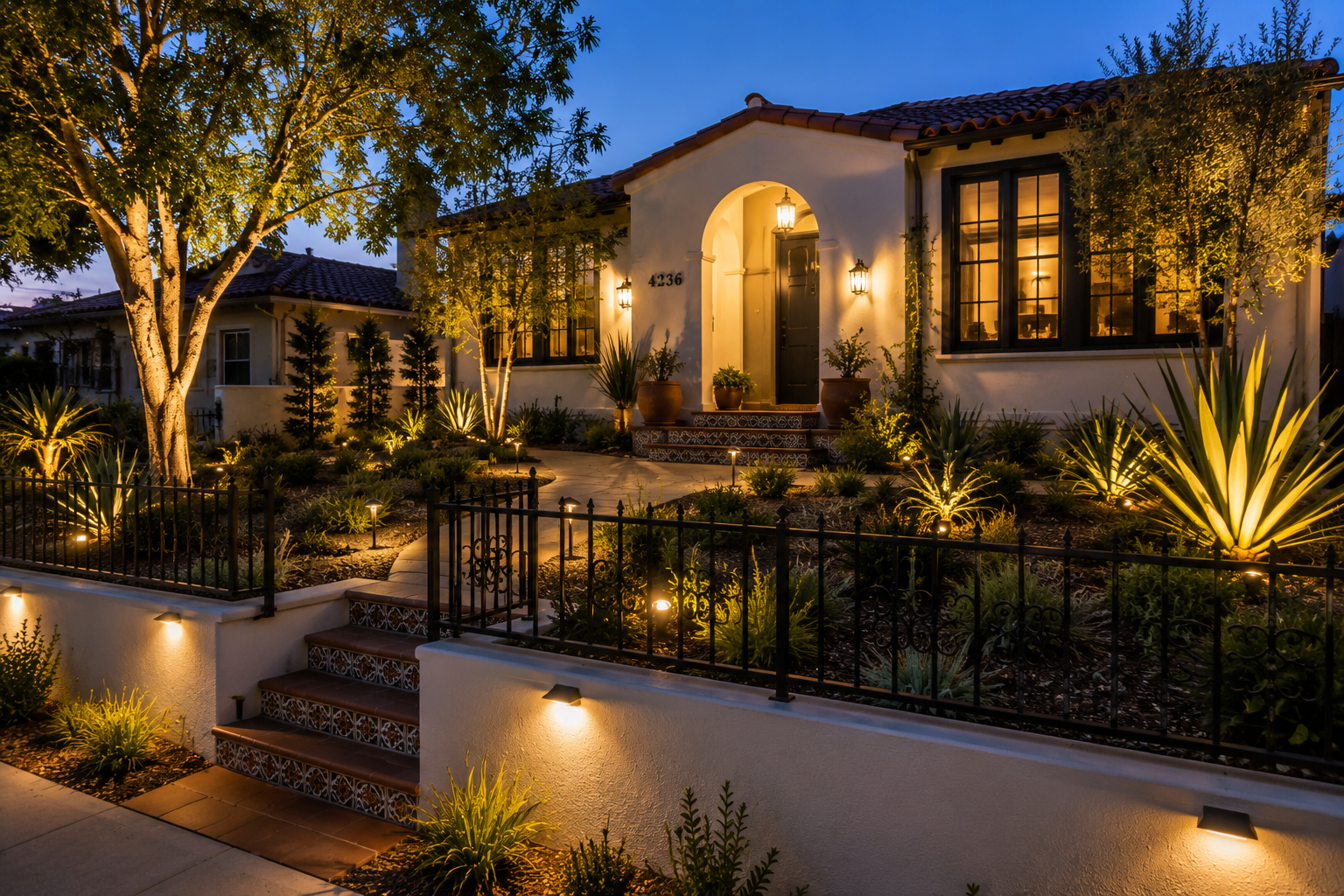 A warmly lit house with a front yard at dusk, featuring a white exterior, black windows, and a dark door, surrounded by landscaped plants and trees.