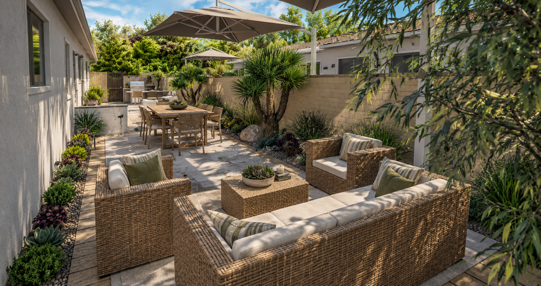A backyard patio with wicker outdoor furniture including a sectional sofa with beige cushions and striped pillows, a matching armchair, and a square woven coffee table with a potted plant. There is also a dining table with chairs, large umbrellas for