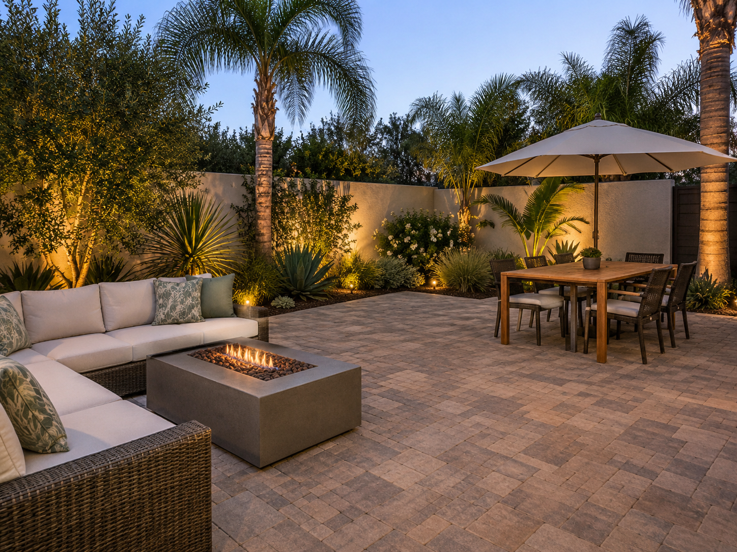 Outdoor patio with seating area and fire pit, surrounded by tropical plants and palm trees, illuminated by soft garden lighting, during dusk.