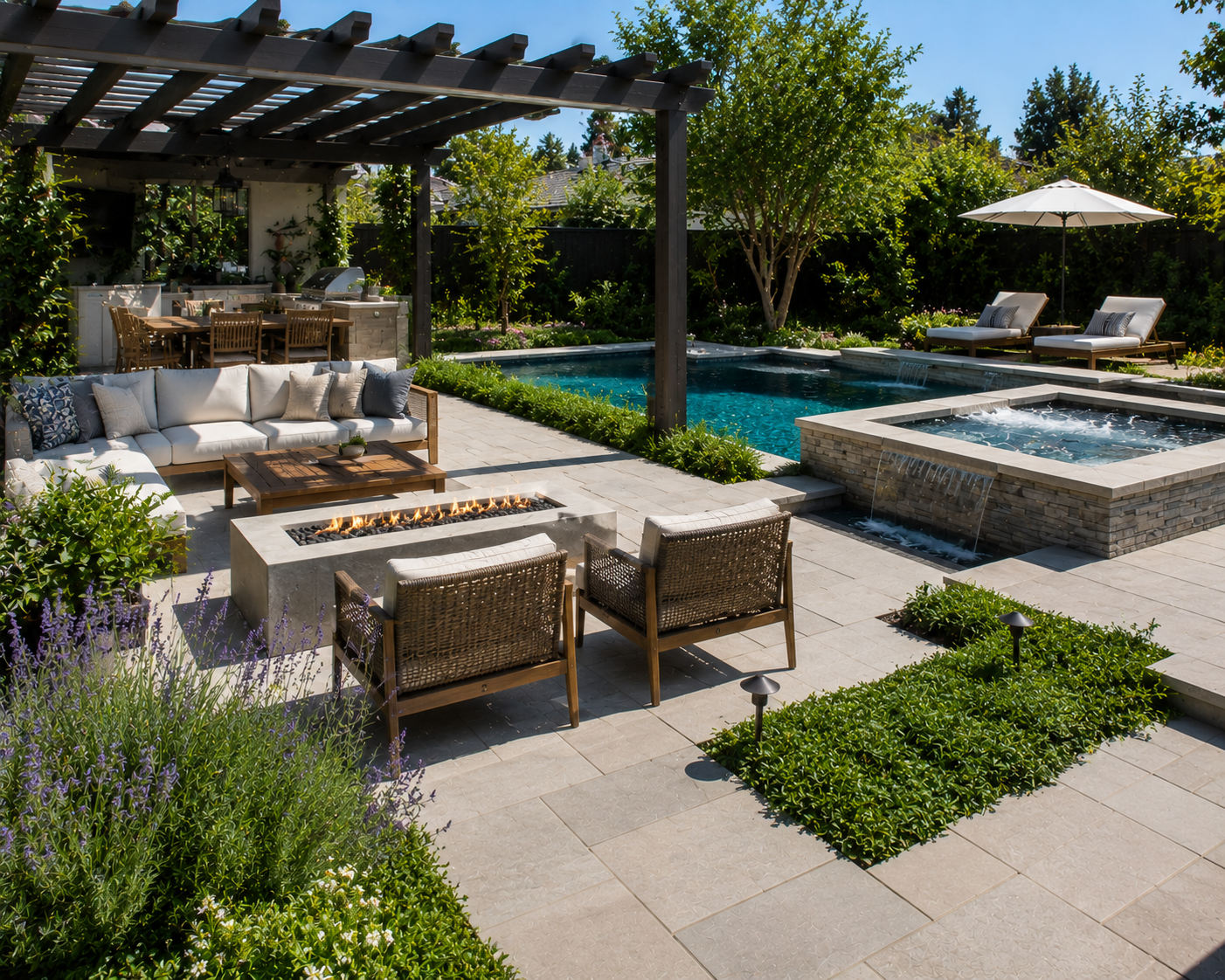 A backyard with a swimming pool, hot tub, outdoor seating, fire pit, shaded lounge chairs, patio dining area, lush greenery, and a pergola.