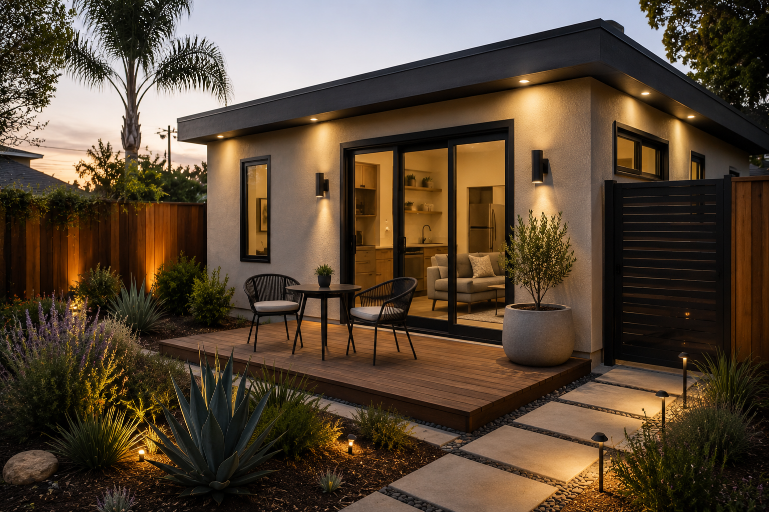 Modern backyard with a small wooden deck, outdoor table with two chairs, potted plant, and garden with pathway lights, fence, and palm trees at dusk.