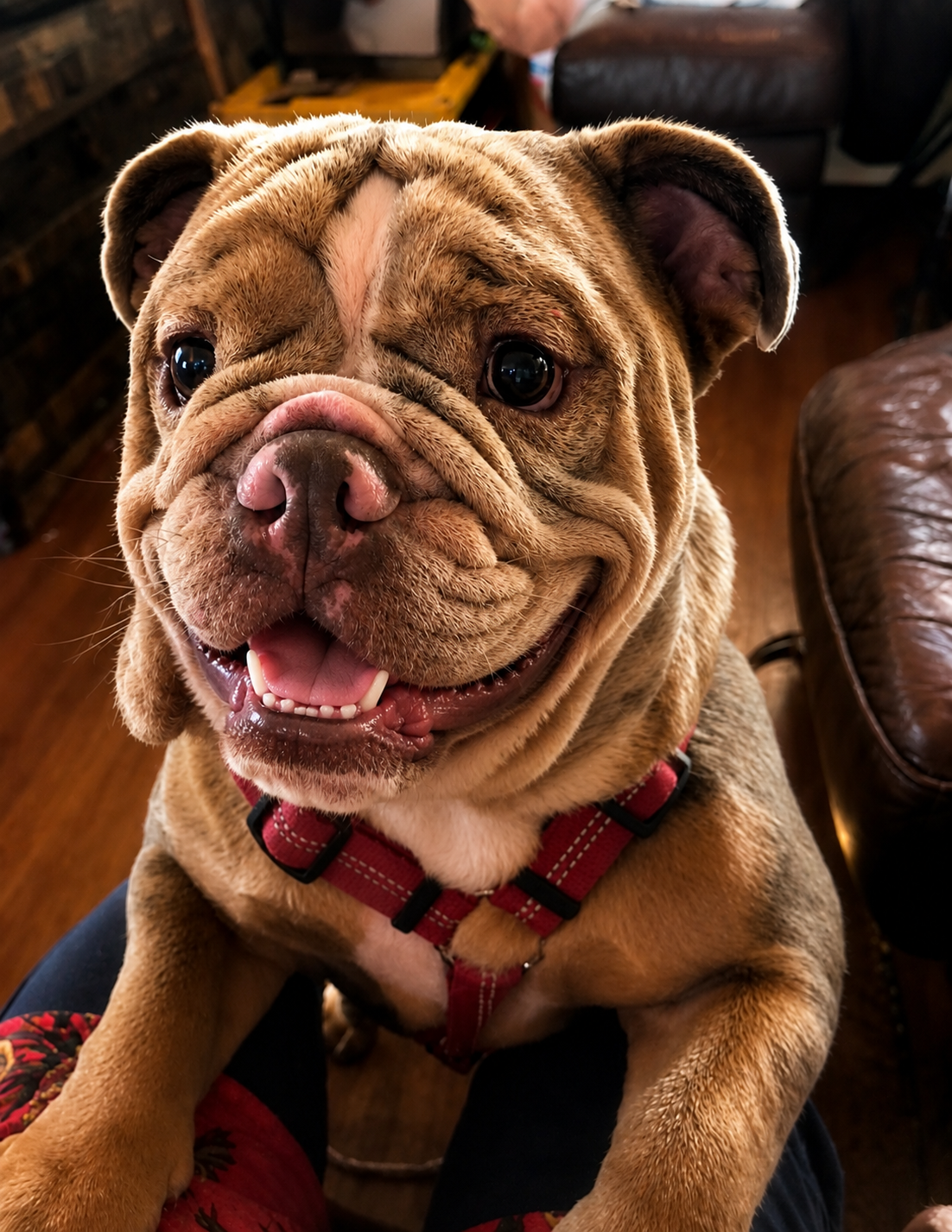Smiling English bulldog indoors