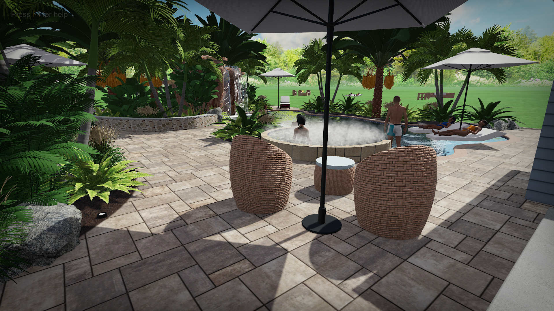 A landscaped front yard with palm trees, flowering bushes, a curved stone walkway, a small seating area under a wooden pergola, and a red car parked on a concrete driveway in front of a modern house with gray siding and green window shutters.