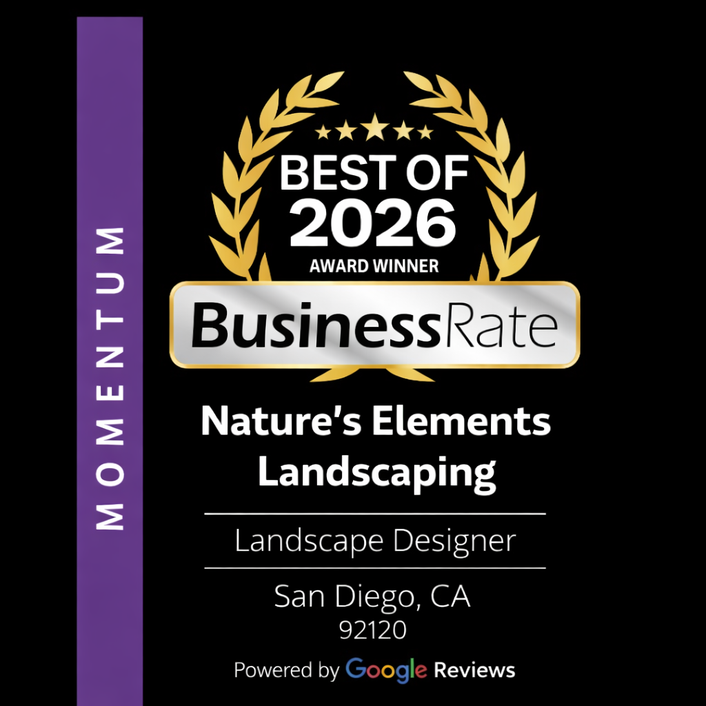 Award badge for Best of 2026 by Business Rate, recognizing Nature's Elements Landscaping as a MOMENTUM MEMBER and Landscape Designer located in San Diego, CA.