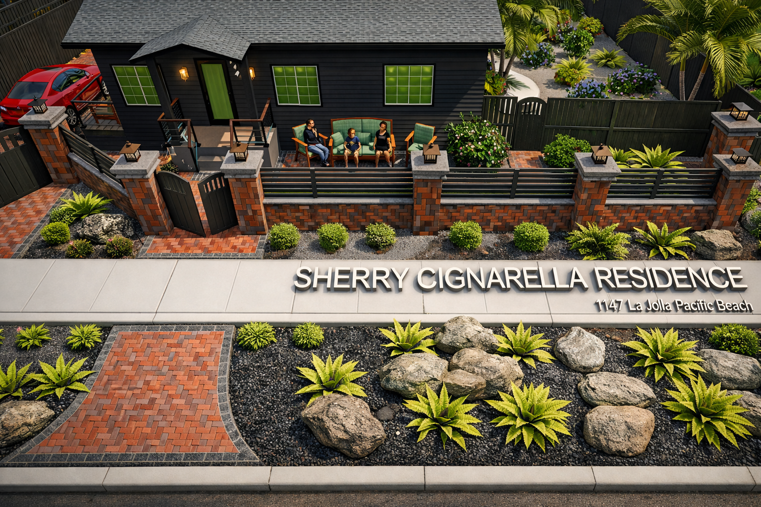 A model of the Sherry Cignaurella Residence at 1147 La Jolla Pacific Beach, featuring a black house with white window frames, a small front porch, a red brick pathway, a garden with rocks and green plants, and a brick and black metal fence with four 