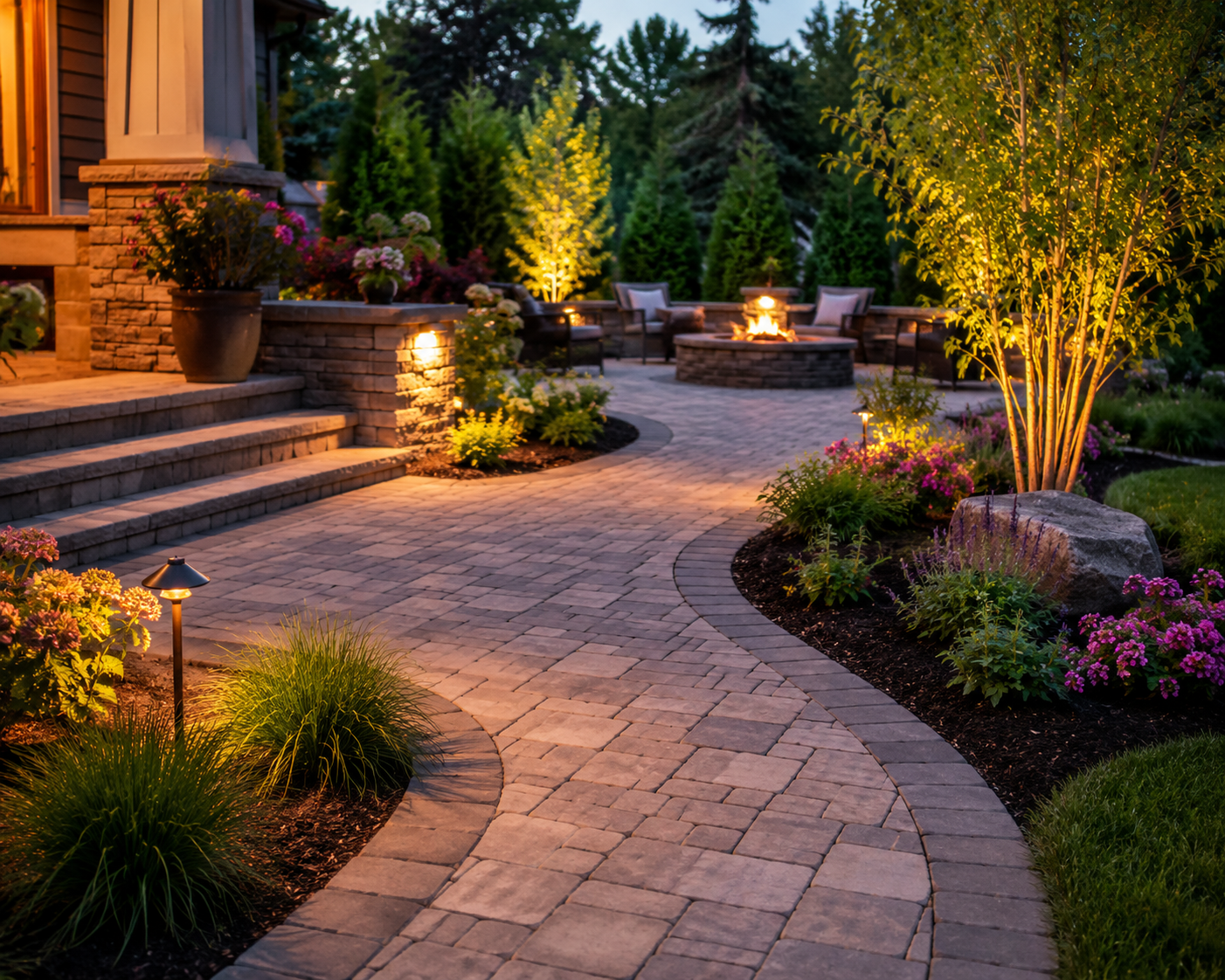 A beautifully paved backyard patio during evening, featuring a winding brick pathway, lush green trees, colorful flowers, potted plants, a fire pit with seating area, and outdoor lighting.