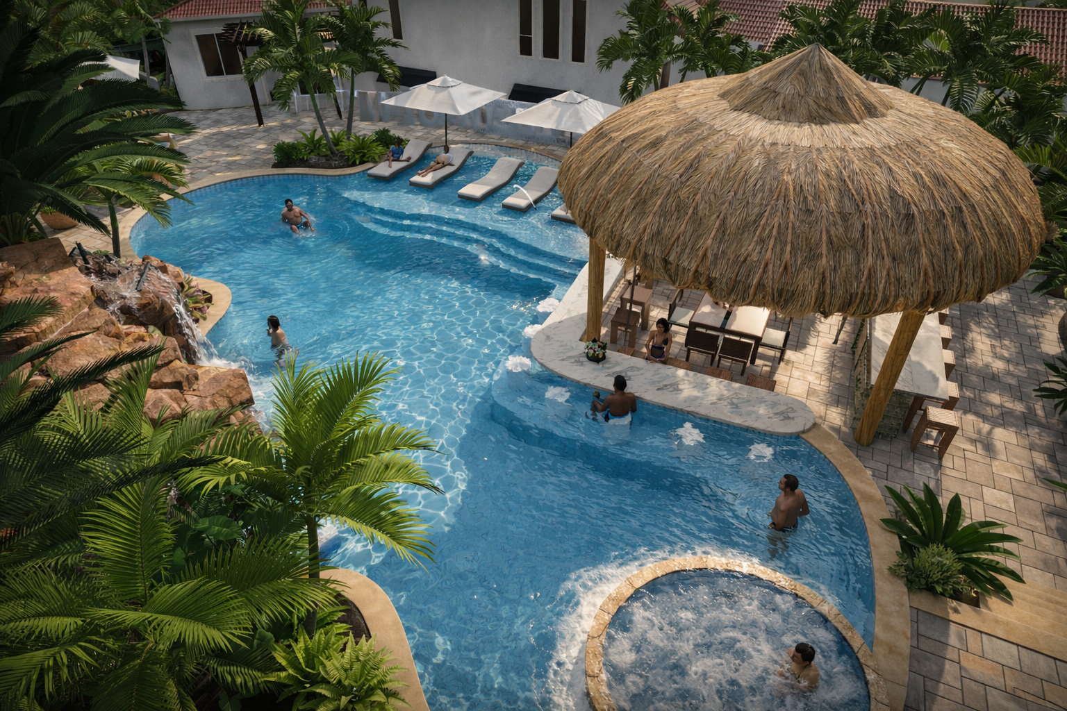 People relaxing and swimming in a resort-style swimming pool surrounded by tropical plants and shaded lounge areas with umbrellas and a thatched-roof cabana.