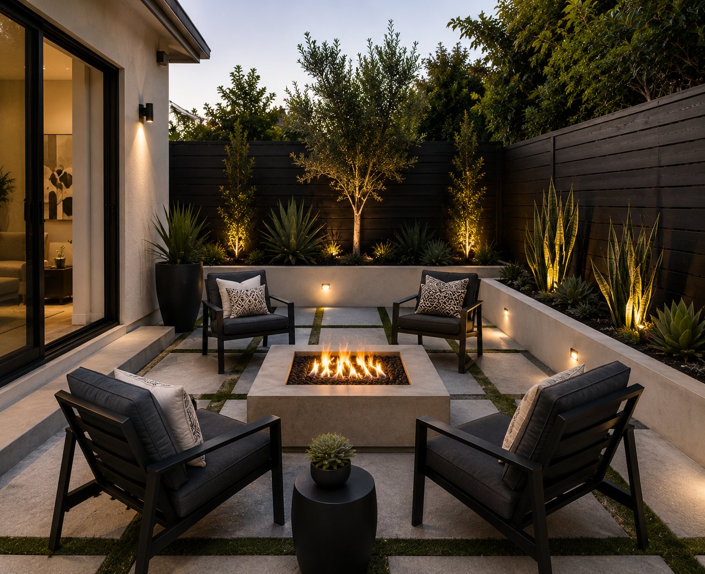 Outdoor patio with four black armchairs around a square firepit, surrounded by potted and planted greenery, with a tall tree and backlit plants against a dark wooden fence, illuminated by ground and wall lights during twilight.