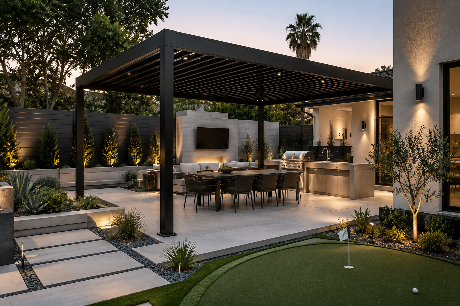 Modern outdoor patio with a pergola, outdoor kitchen, dining area, and landscaped garden at sunset.
