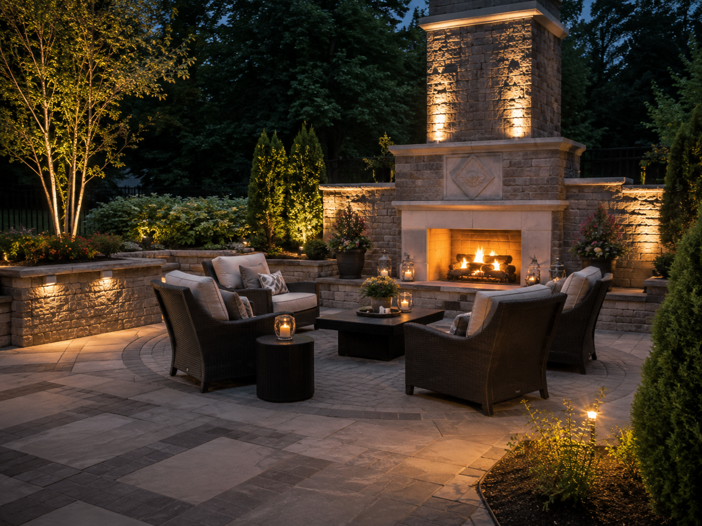 Outdoor living space with a stone fireplace, wicker chairs, and candles surrounding a fire, illuminated in the evening with lush greenery in the background.
