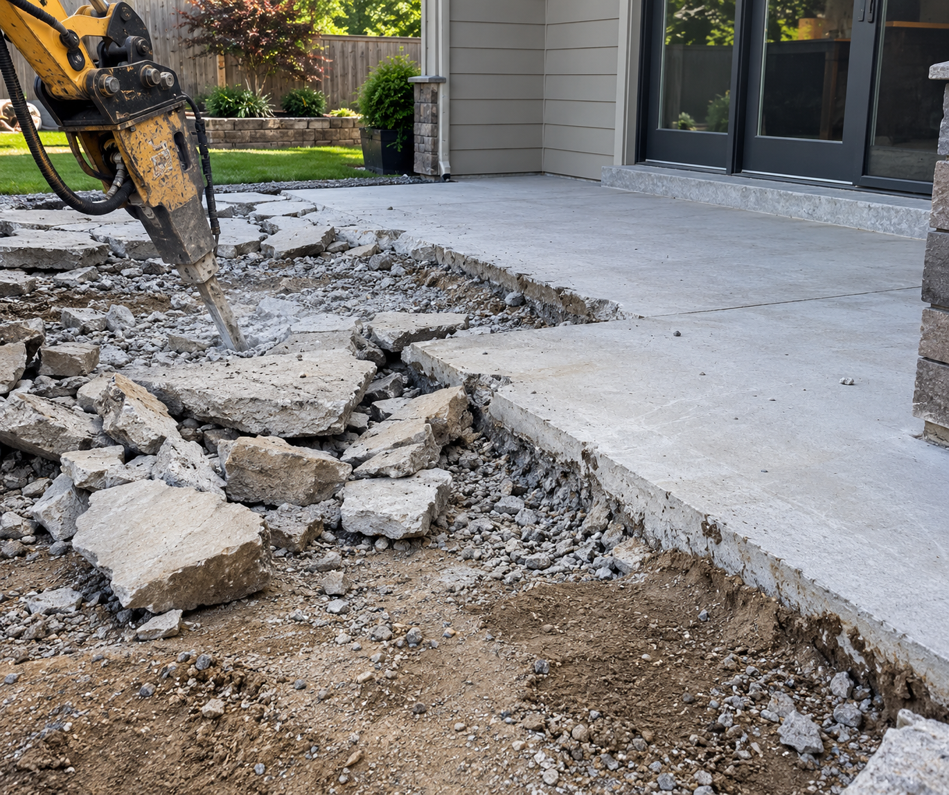 Construction worker using heavy machinery to break up concrete on a residential patio, with a backyard and house in the background.