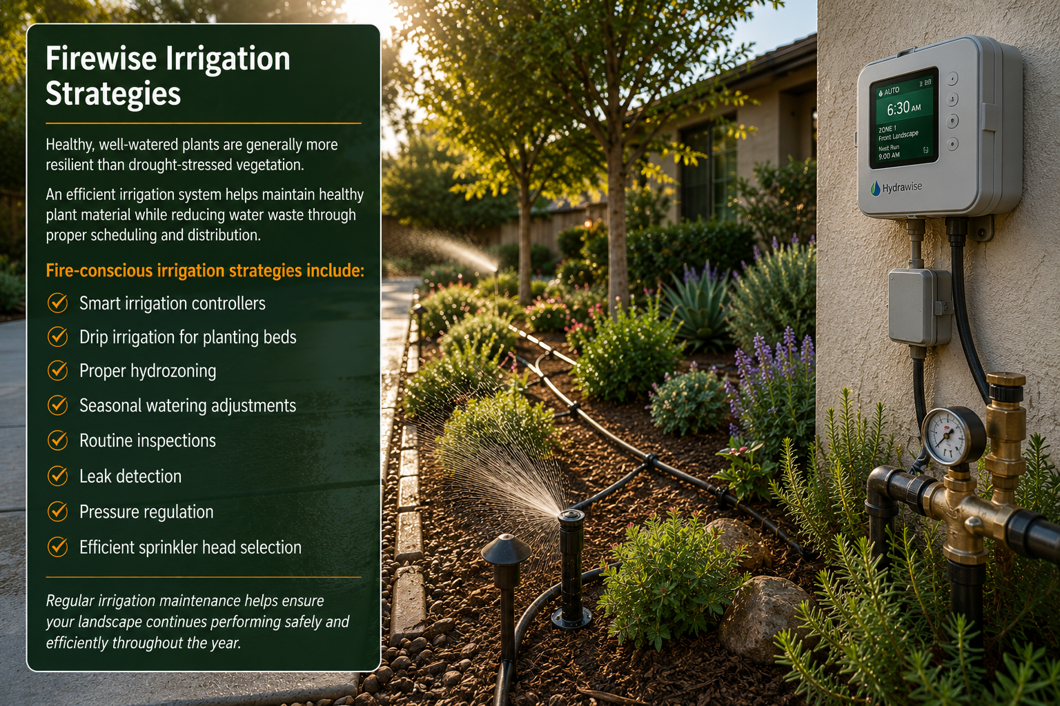 Smart irrigation controller with drip irrigation and efficient sprinkler system watering a fire-conscious landscape in San Diego.