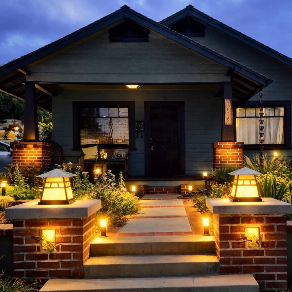 Front view of a house illuminated with outdoor lights, featuring a brick staircase, garden, benches on porch, and a dark sky in the background.  Low voltage lighting contractor near me