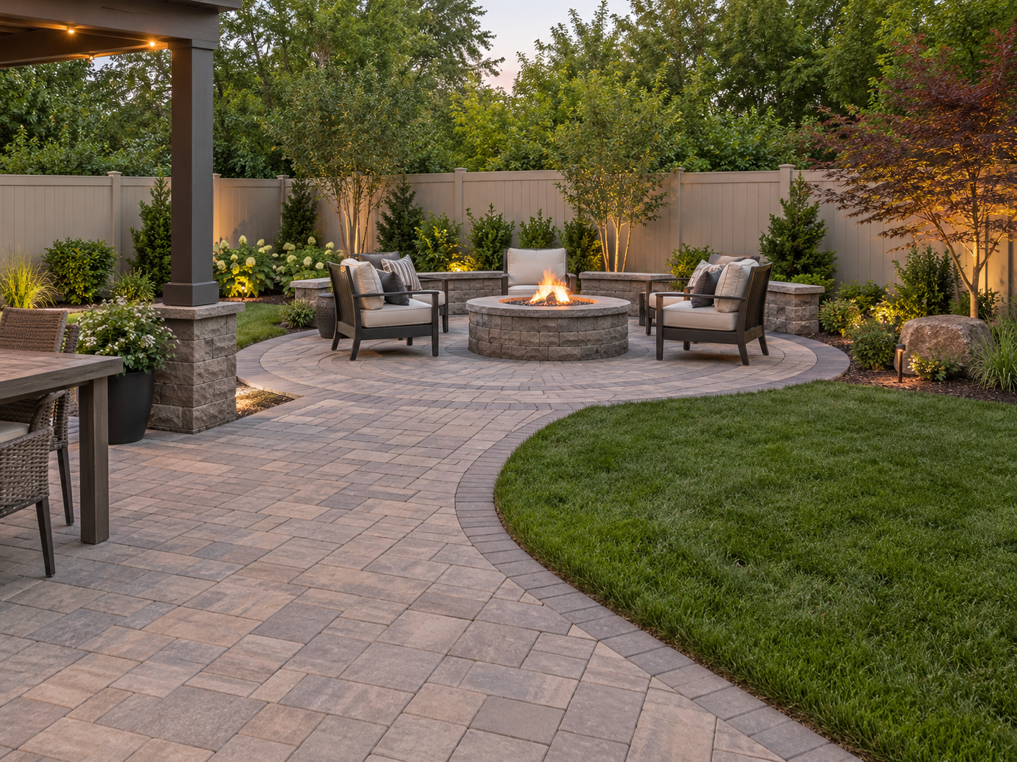 A backyard patio with a circular fire pit surrounded by four cushioned chairs, landscaped with trees, shrubs, and a grassy area, lit with outdoor lighting in the evening.