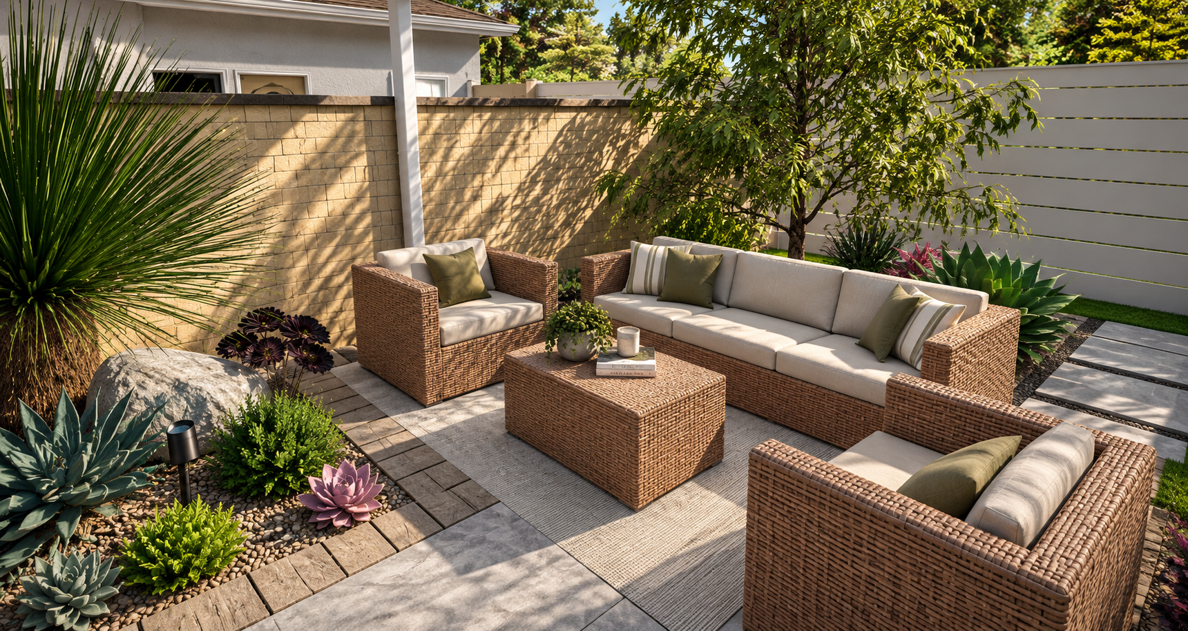 Outdoor patio with wicker sofa set, armchairs, and a coffee table on a rug, surrounded by various green plants, succulents, and a small tree, with a white picket fence and house in the background.