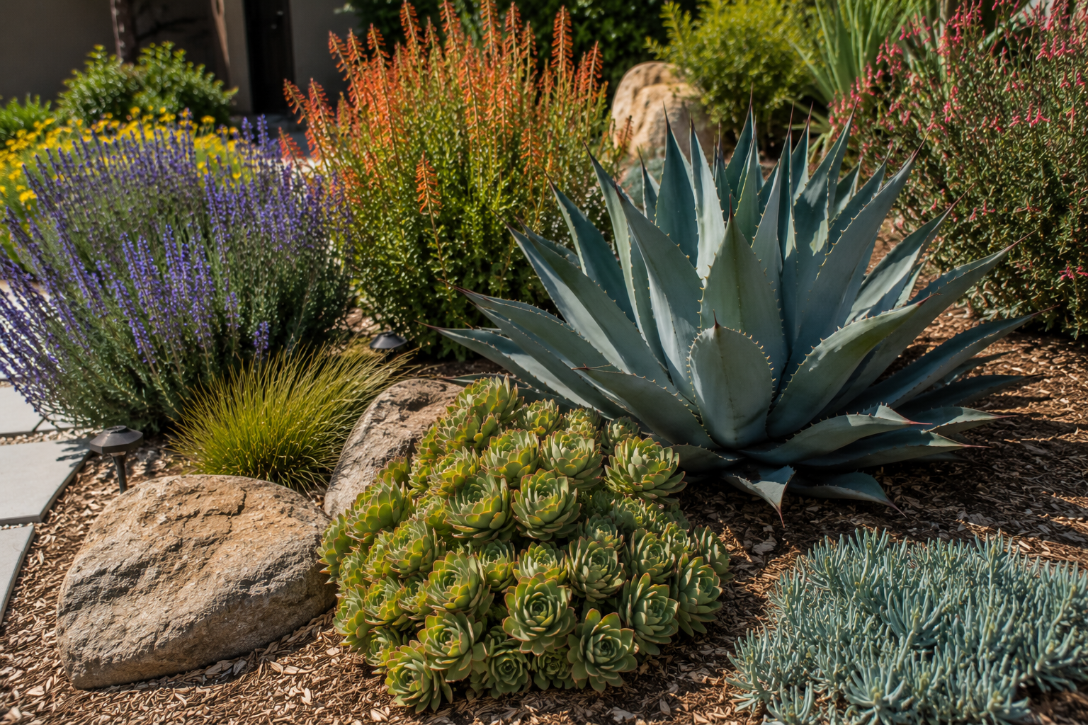 Succulent garden with agave and drought-tolerant plants