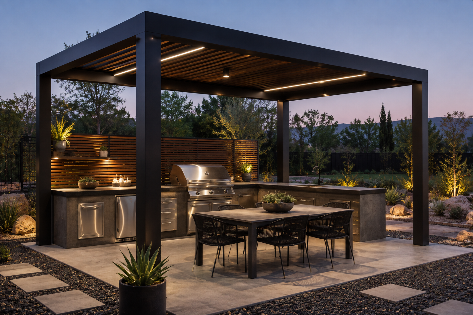 Outdoor kitchen with barbecue grill, dining table, chairs, surrounded by plants and landscape at dusk