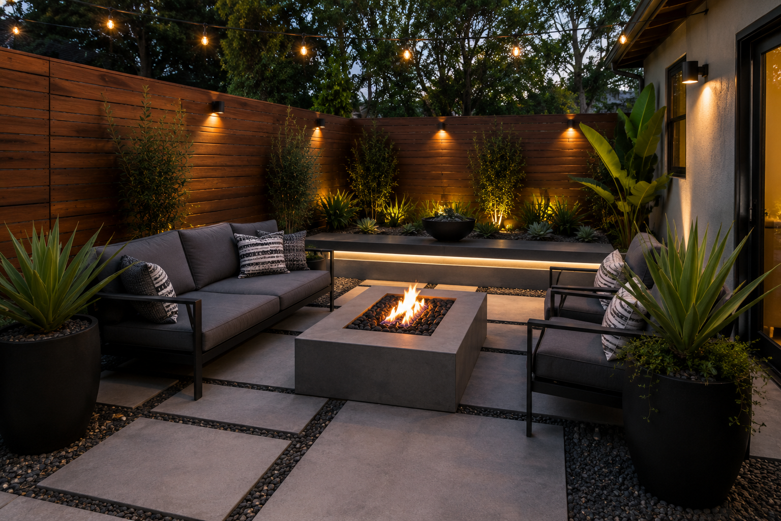 Outdoor patio with a fire pit, modern seating, potted plants, and string lights at dusk.