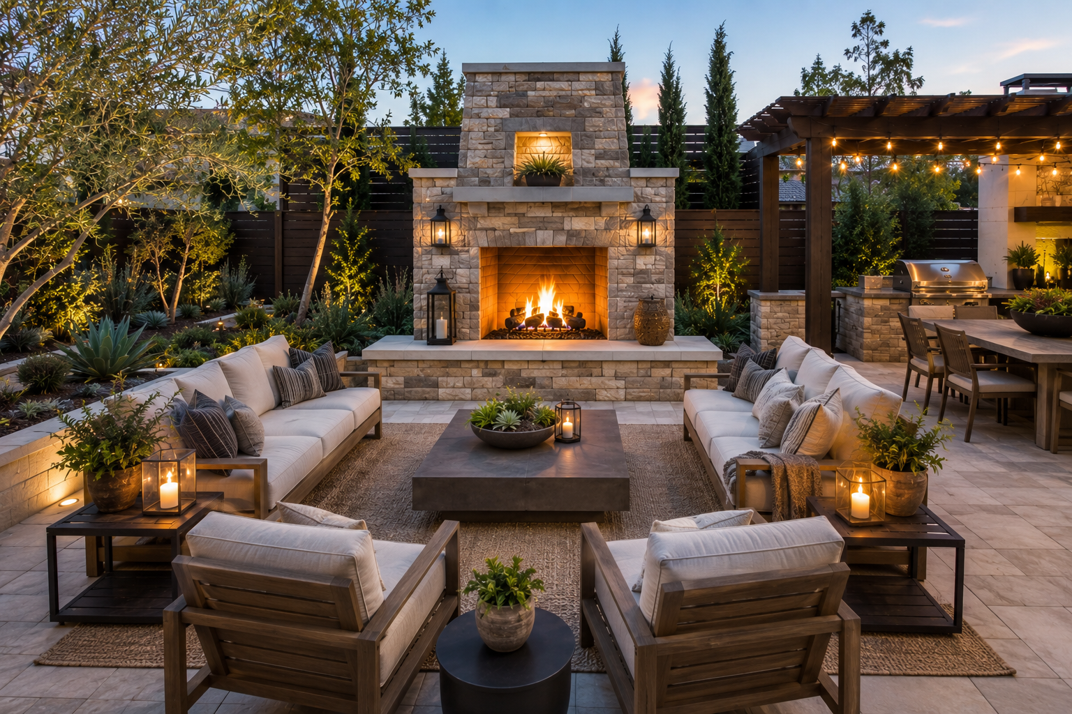 Outdoor living space with a stone fireplace, seating area with sofas and chairs, surrounded by potted plants, lanterns, and string lights at dusk.
