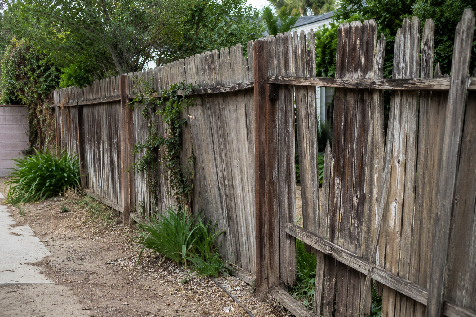 Weathered wooden fence with some green plants growing at its base, located next to a concrete sidewalk, with trees and shrubs in the background.