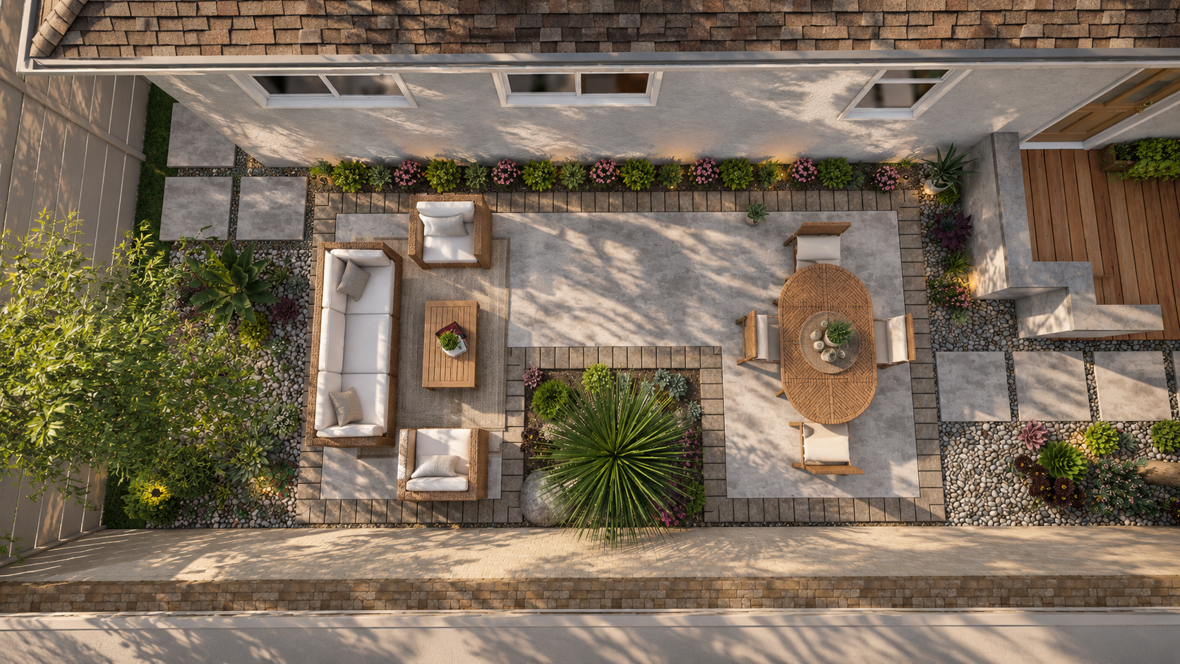 Top-down view of a backyard patio with outdoor furniture, plants, and decorative stones.
