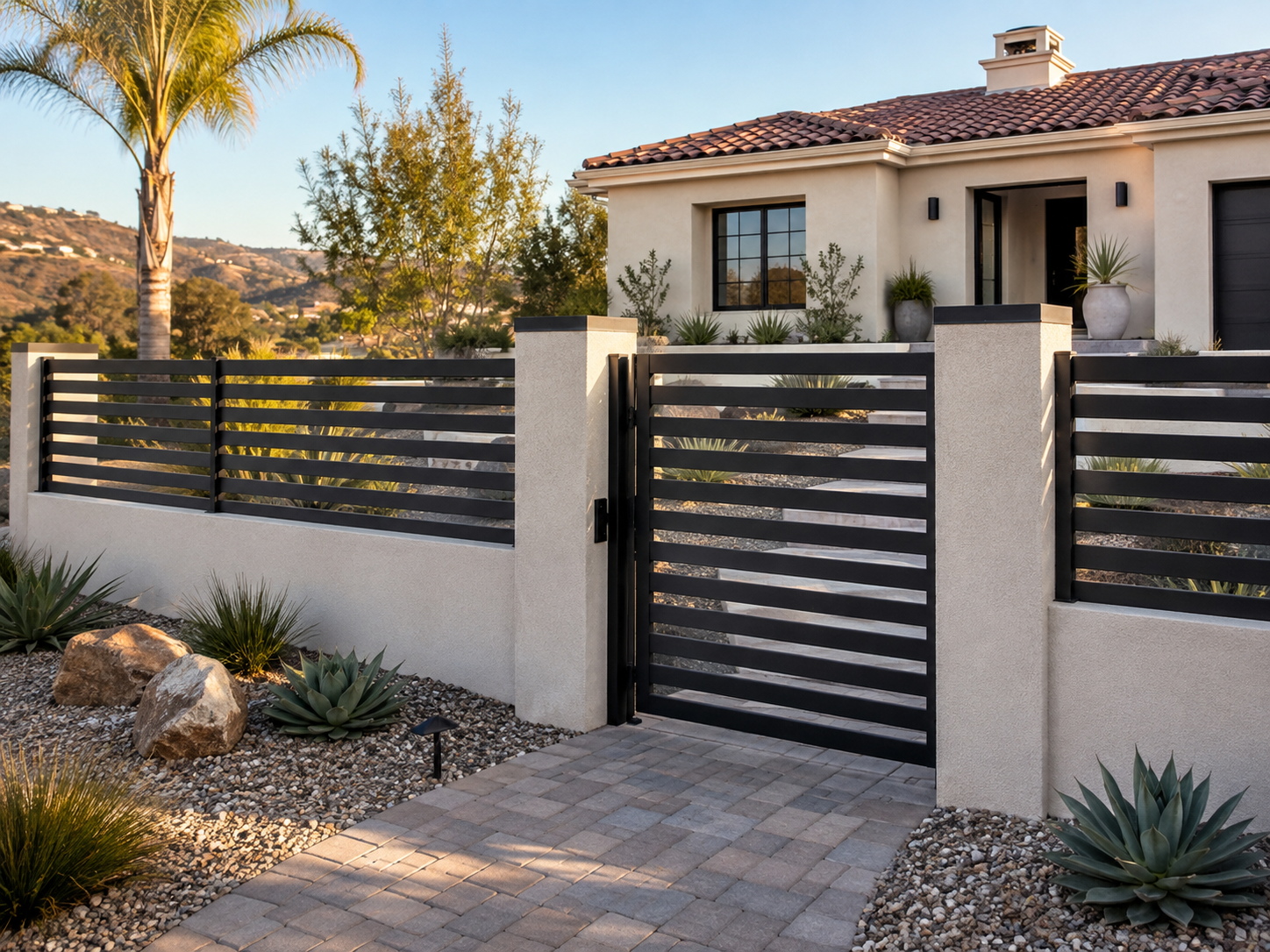 Modern house with a black aluminum fence and gate, desert landscaping with succulents, and trees in the background Zone 0 Landscape in San Diego.