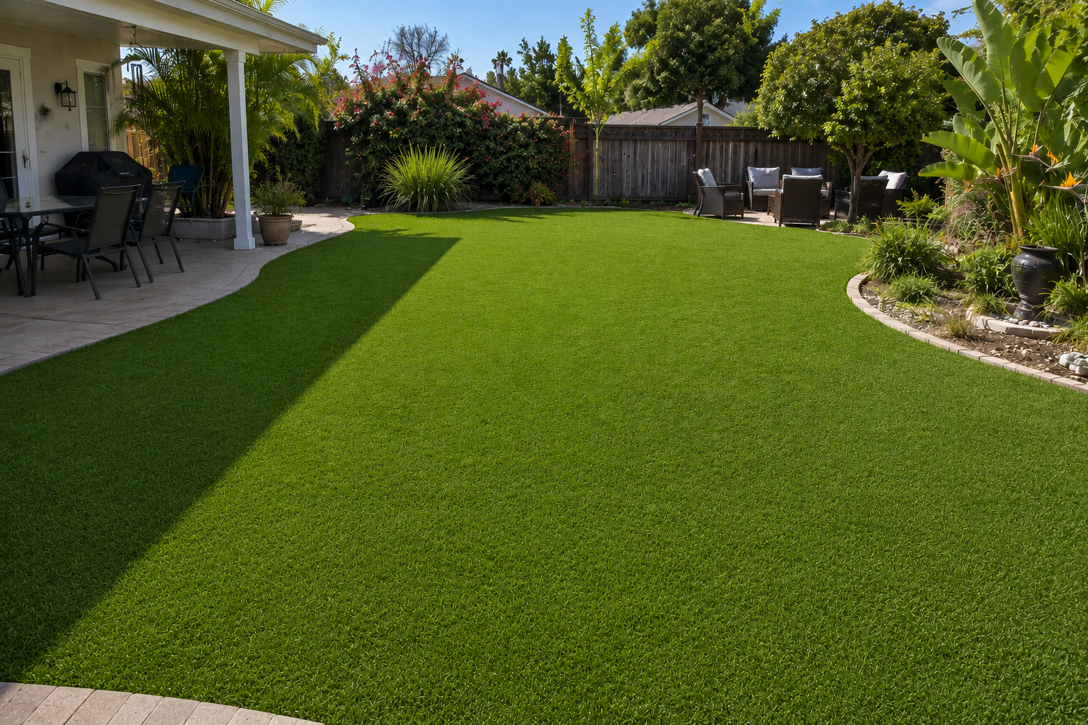 Backyard with a lush green lawn, patio furniture, and various plants and trees along the fence line.