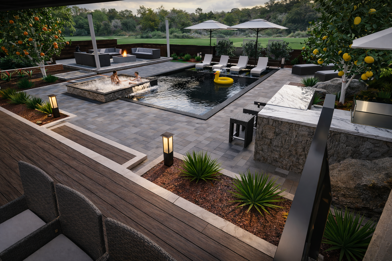 A modern backyard with a pool, hot tub, and lounging area surrounded by trees and greenery, with outdoor furniture and umbrellas.  3-D landscape designer near me