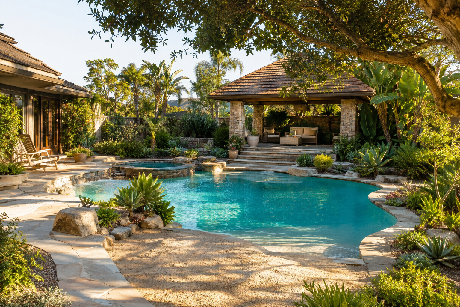 A backyard with a swimming pool surrounded by lush tropical plants and trees, a stone patio with lounge chairs, and a covered seating area with sofas and potted plants.