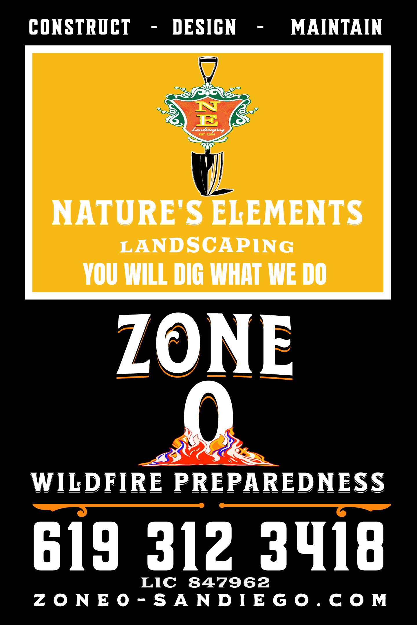 Nature’s Elements Landscaping Zone 0 wildfire preparedness sign with defensible space, fire-resistant landscaping, fencing, and property preparation information.