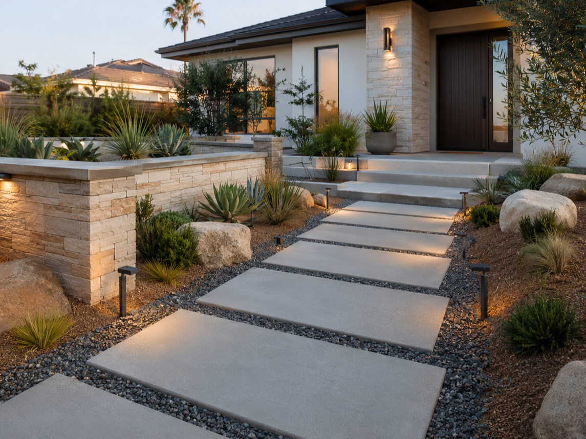 Modern house entrance with concrete stepping stones pathway, landscaped with desert plants and rocks, illuminated with outdoor lighting, during early evening.