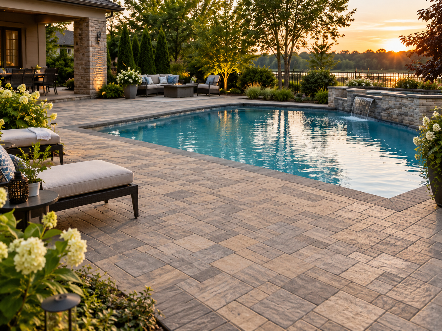 A backyard with a swimming pool surrounded by a paved patio, outdoor furniture, plants, trees, and a sunset sky.