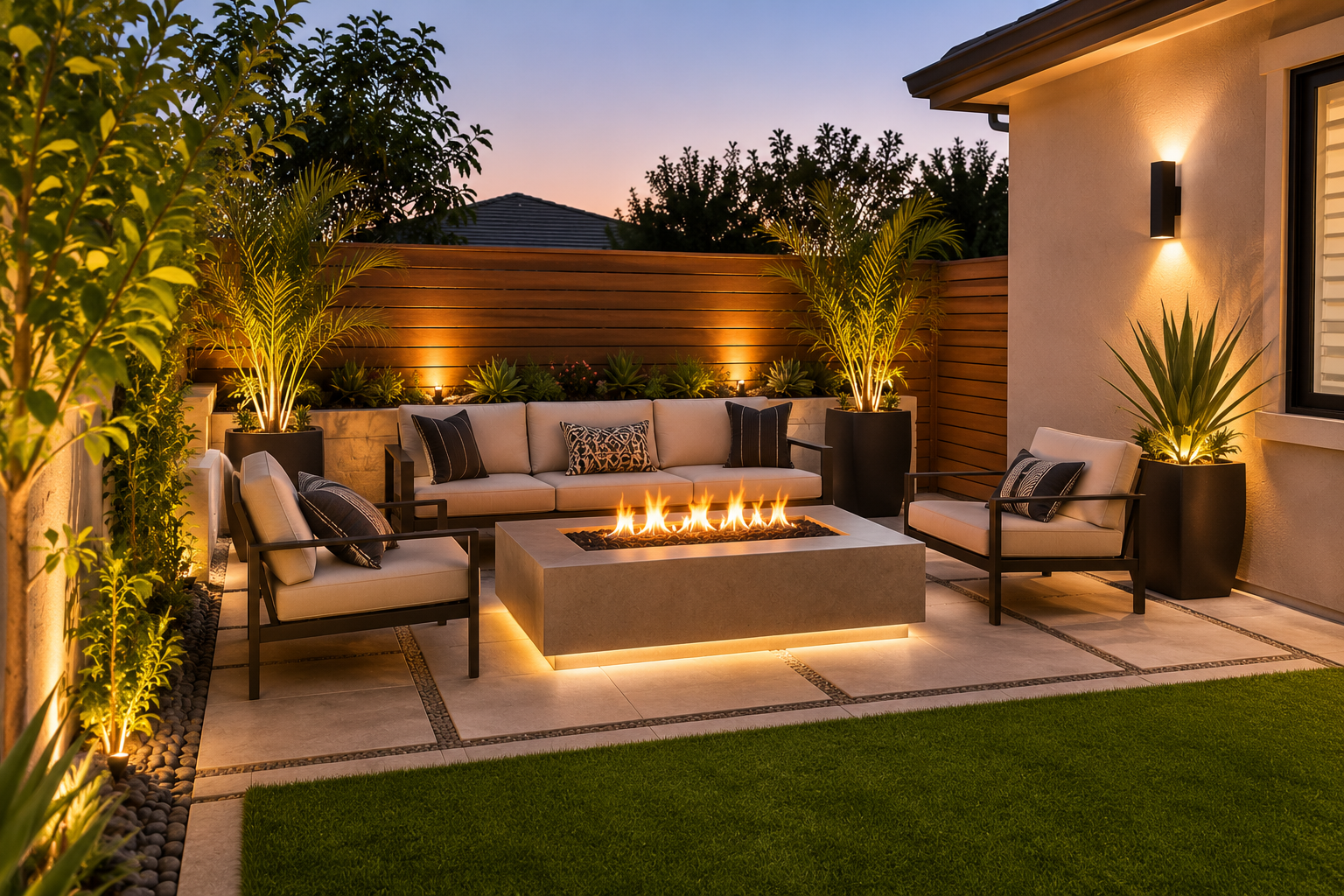 A cozy outdoor patio at dusk with comfortable seating, a rectangular fire pit, potted plants, and ambient lighting.