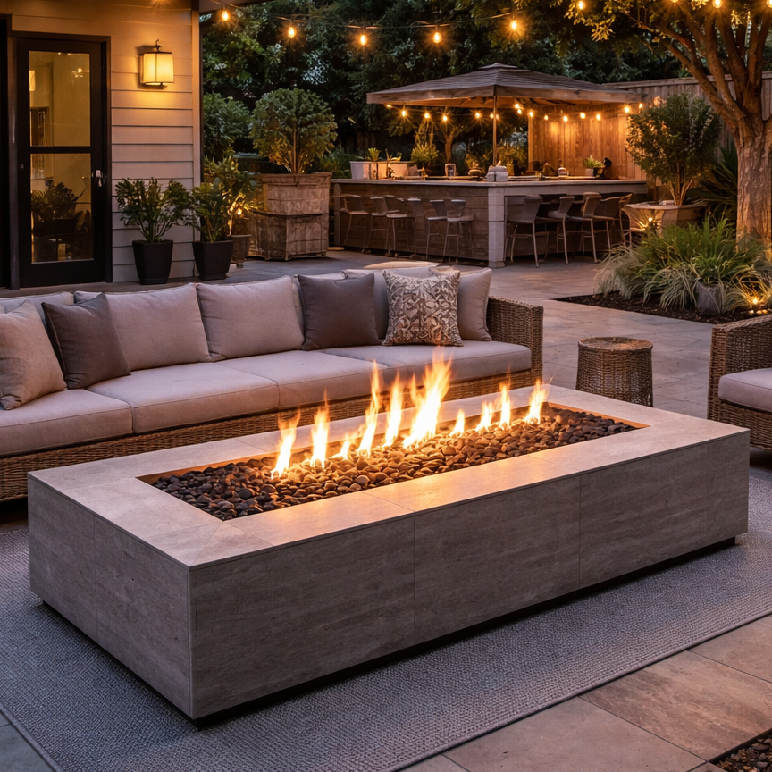 An outdoor patio scene during dusk featuring a fire pit, sectional sofa with cushions, wicker chairs, potted plants, string lights, and a bar area with outdoor seating under a large umbrella.