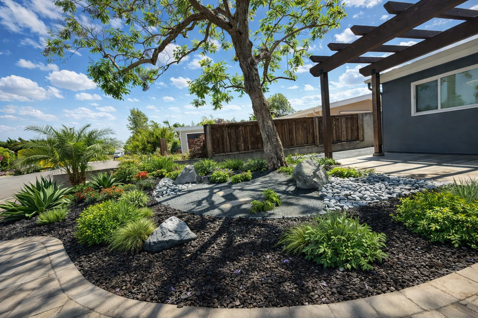 A landscaped backyard garden with a large tree, rock formations, green shrubs, and plants, next to a house with a patio and wooden pergola, under a blue sky with scattered clouds.