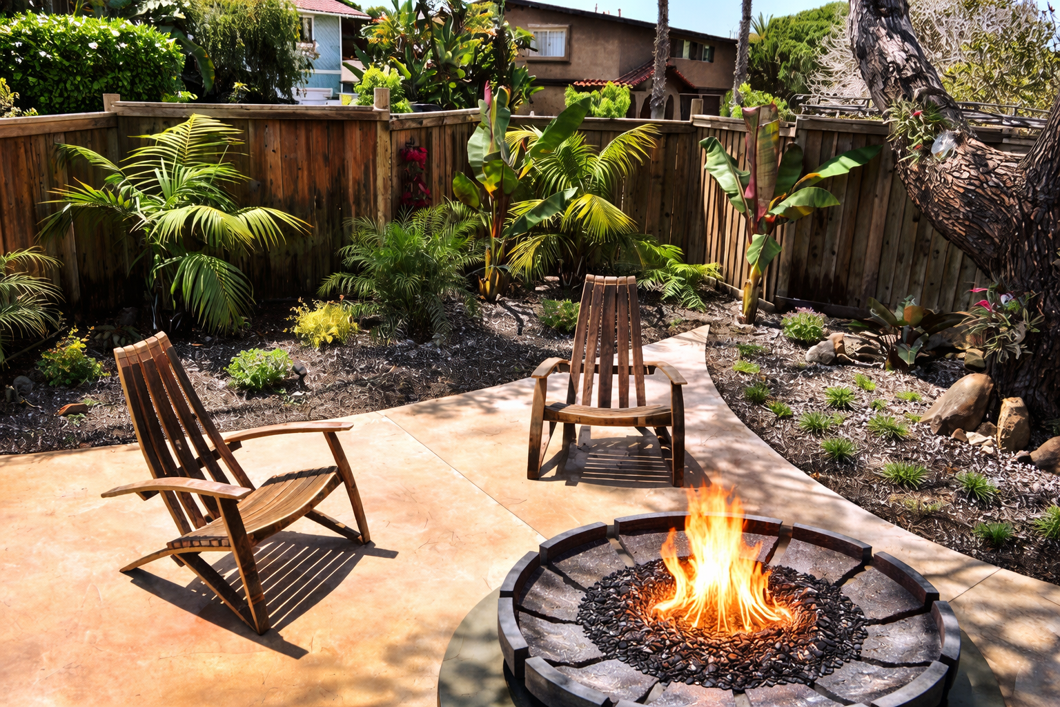 A backyard patio with two wooden chairs facing a fire pit. The yard is enclosed with a wooden fence and decorated with lush green tropical plants and a large tree.