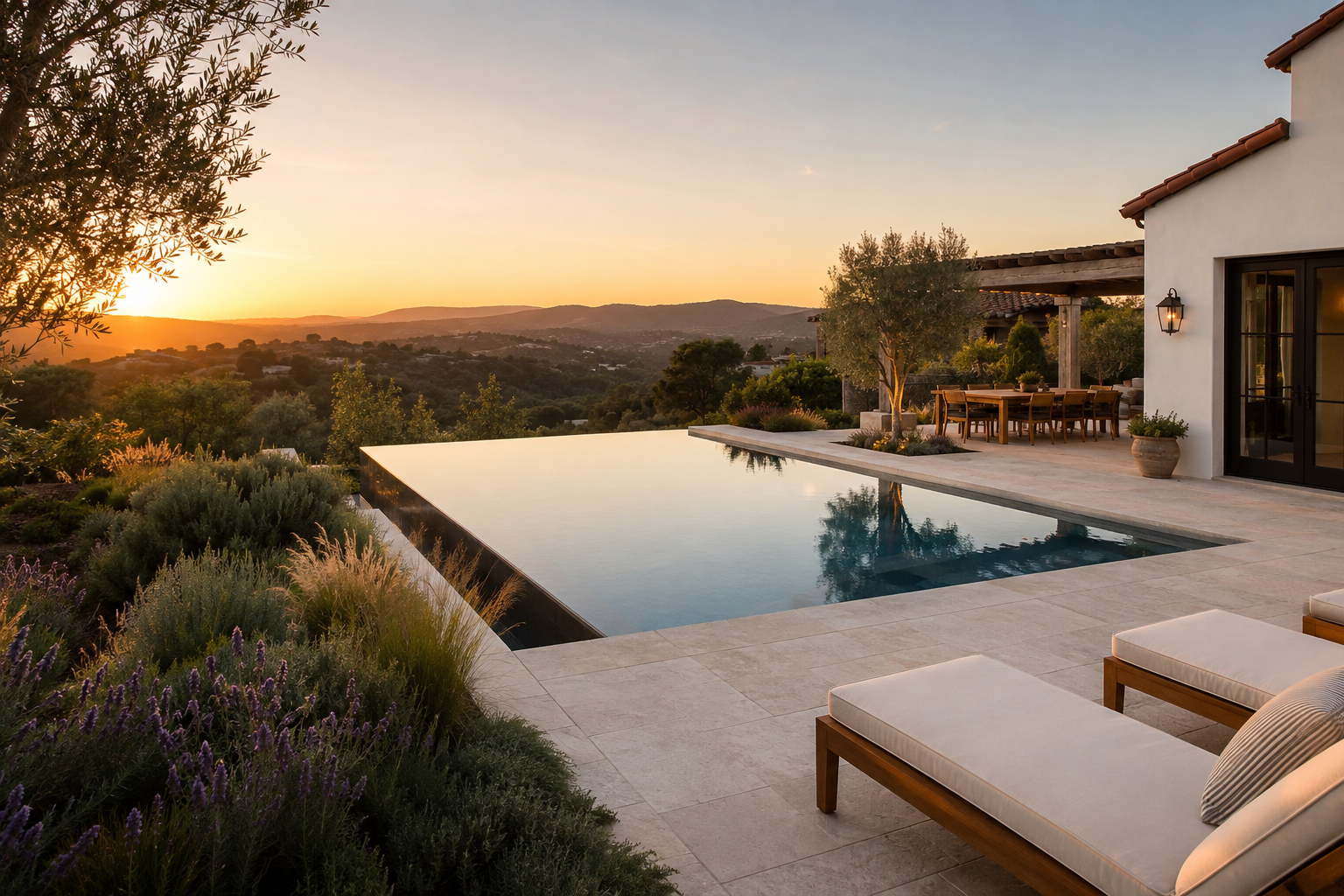 A luxurious house with an outdoor infinity pool overlooking a scenic hilly landscape during sunset.