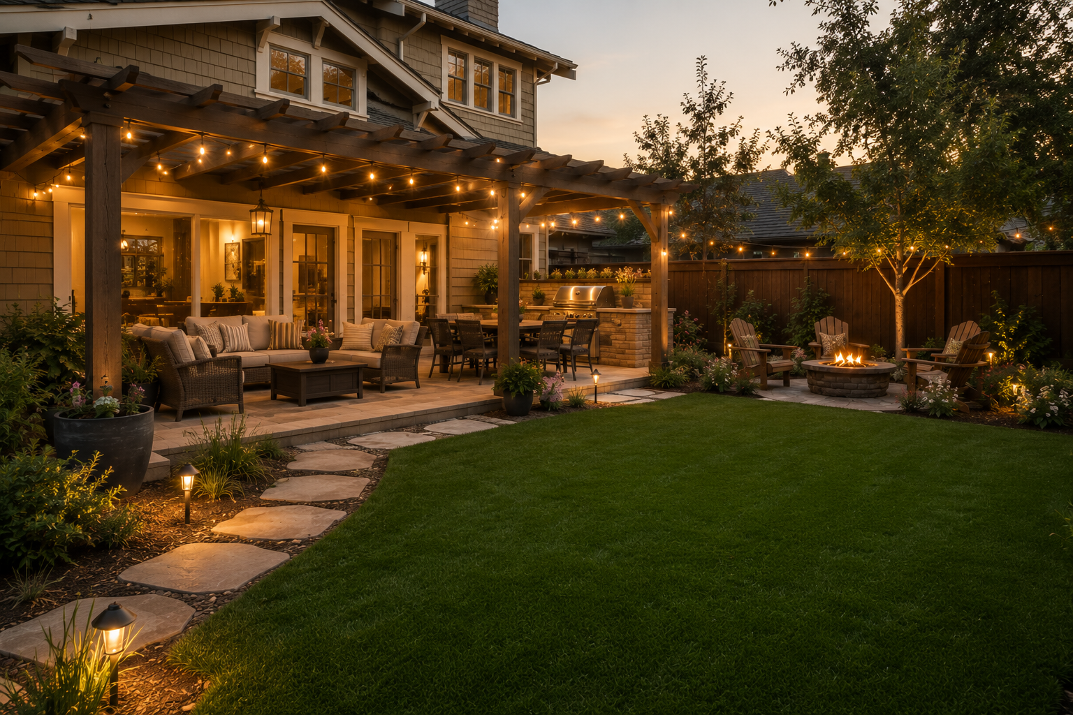 A backyard patio with outdoor furniture, string lights, a fire pit with chairs, a grassy lawn, trees, and decorative plants at dusk.