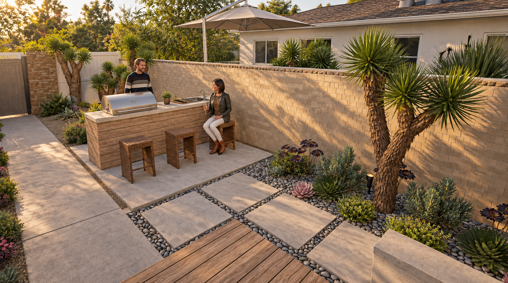 Backyard patio with an outdoor kitchen, two people chatting near a grill, desert plants, potted plants, a large umbrella, and a house in the background during sunset.
