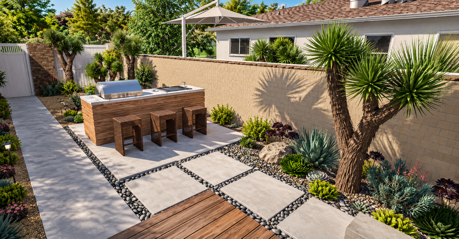 Backyard patio with outdoor kitchen, four bar stools, and desert plants, trees, and shrubs.