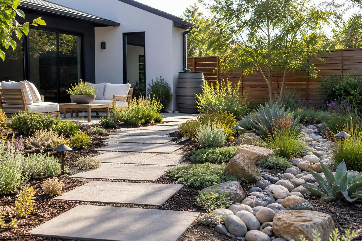 A modern backyard garden with a stone pathway, lush plants, a seating area with outdoor furniture, and a white house with black trim in the background. Concrete Step stones in a landscape La Jolla, Del Mar, Encinitas, North Park 
