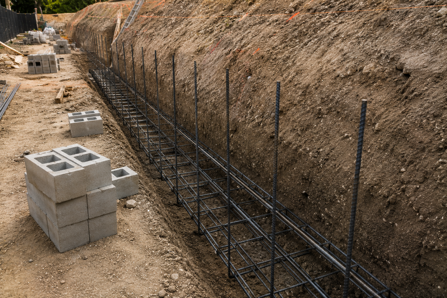 Construction site with rebar framework in a trench, concrete blocks, and building materials.