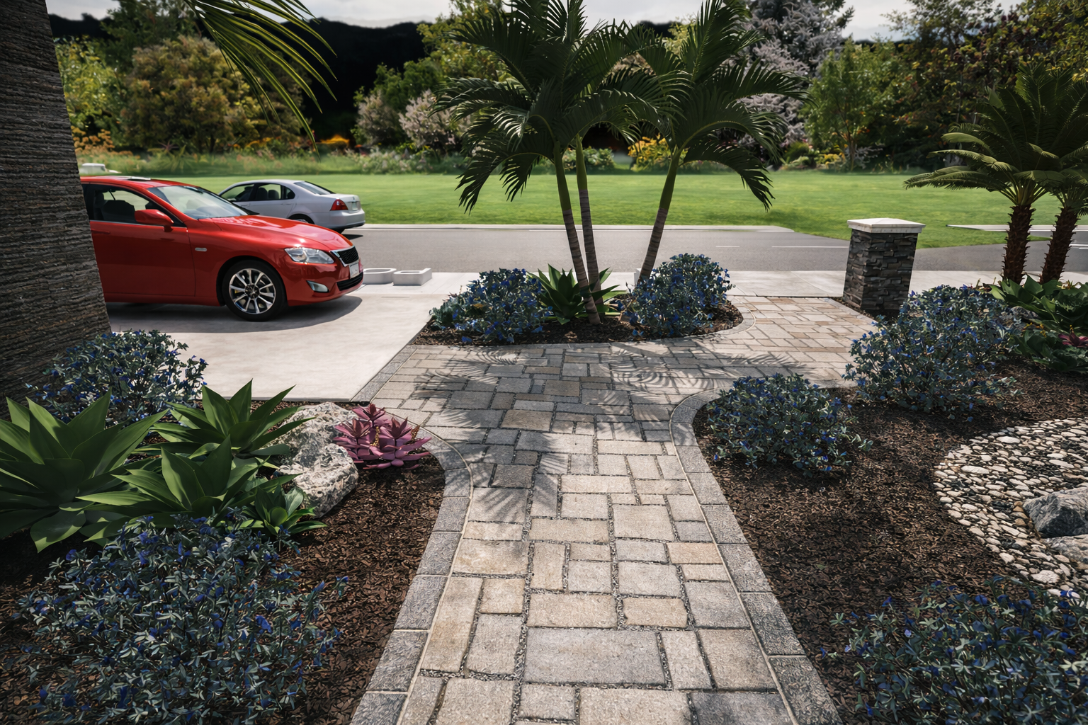 View of a landscaped front yard with a paved walkway, lush plants, and palm trees, adjacent to a driveway with parked cars and a grassy area with trees in the background.