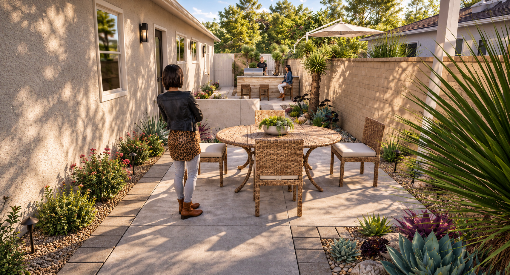 A backyard patio with a woman standing near a round wicker table with four chairs, surrounded by desert plants and flowers, with three other people in the background preparing for a barbecue outside a house.